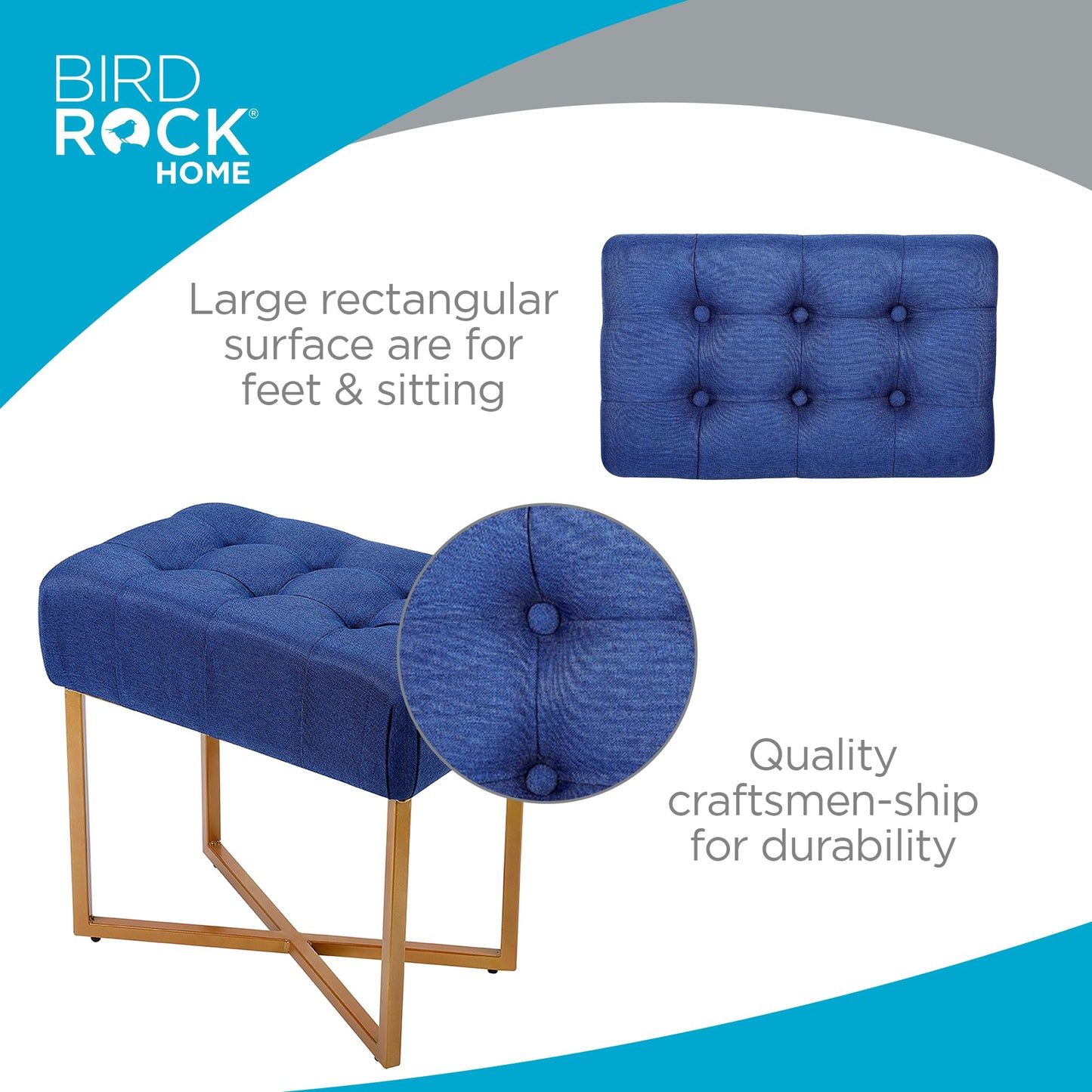 BIRDROCK HOME Rectangle Tufted Linen Ottoman Foot Rest - 19.7x11.82x17.73” Small Foot Stool with Legs - Padded Footrest Modern Ottomans for Living Room Furniture, Bedroom Footstool (Blue)