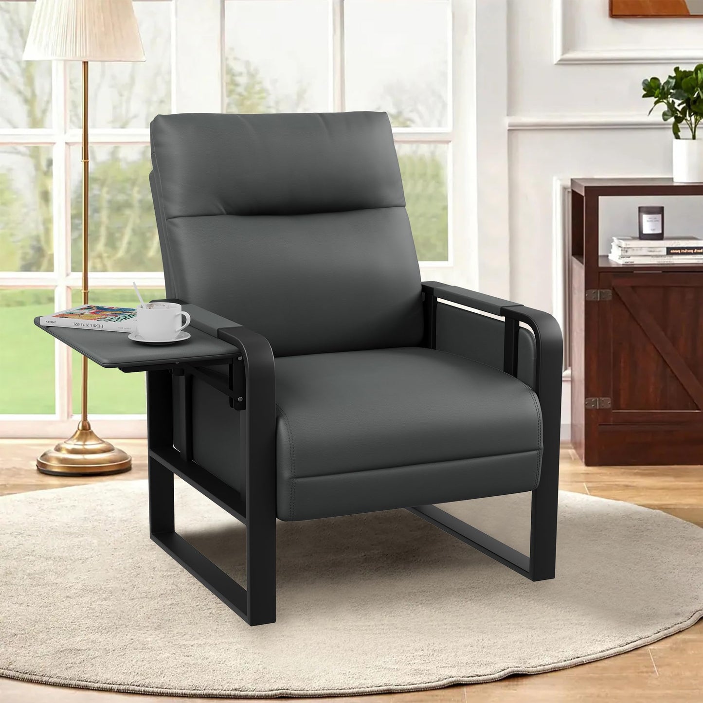 Apeaka Modern Faux Leather Accent Chair Upholstered Armchair with Side Table for Bedroom Living Room Chairs Office Chair Grey Leisure Chair