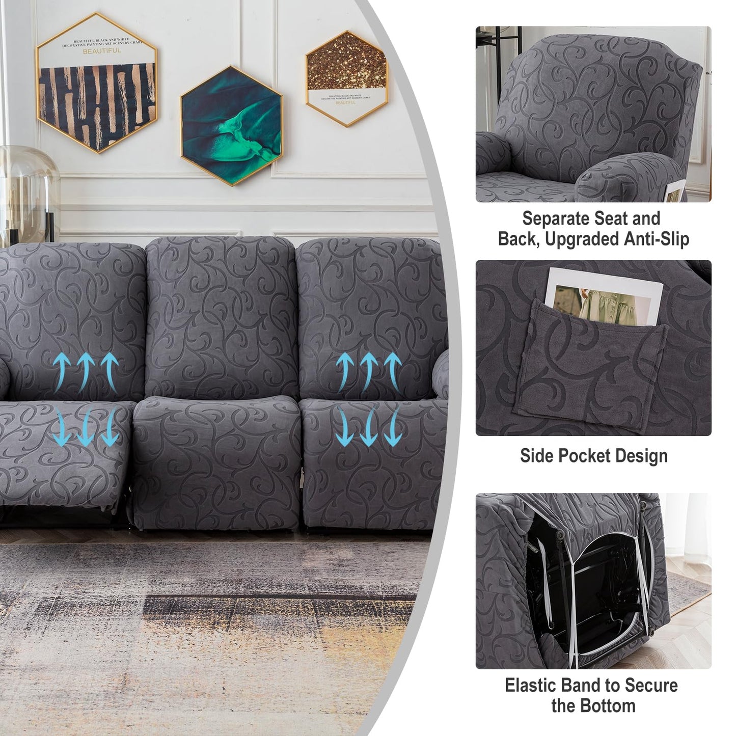 YUEANG Recliner Sofa Covers Sectional Couch Cover for Reclining Couch 3 Seat, 5-Pieces 3 Cushion Sofa Stretch Recliner Sofa Slipcover, Soft Jacquard Furniture Dog Couch Cover Protector