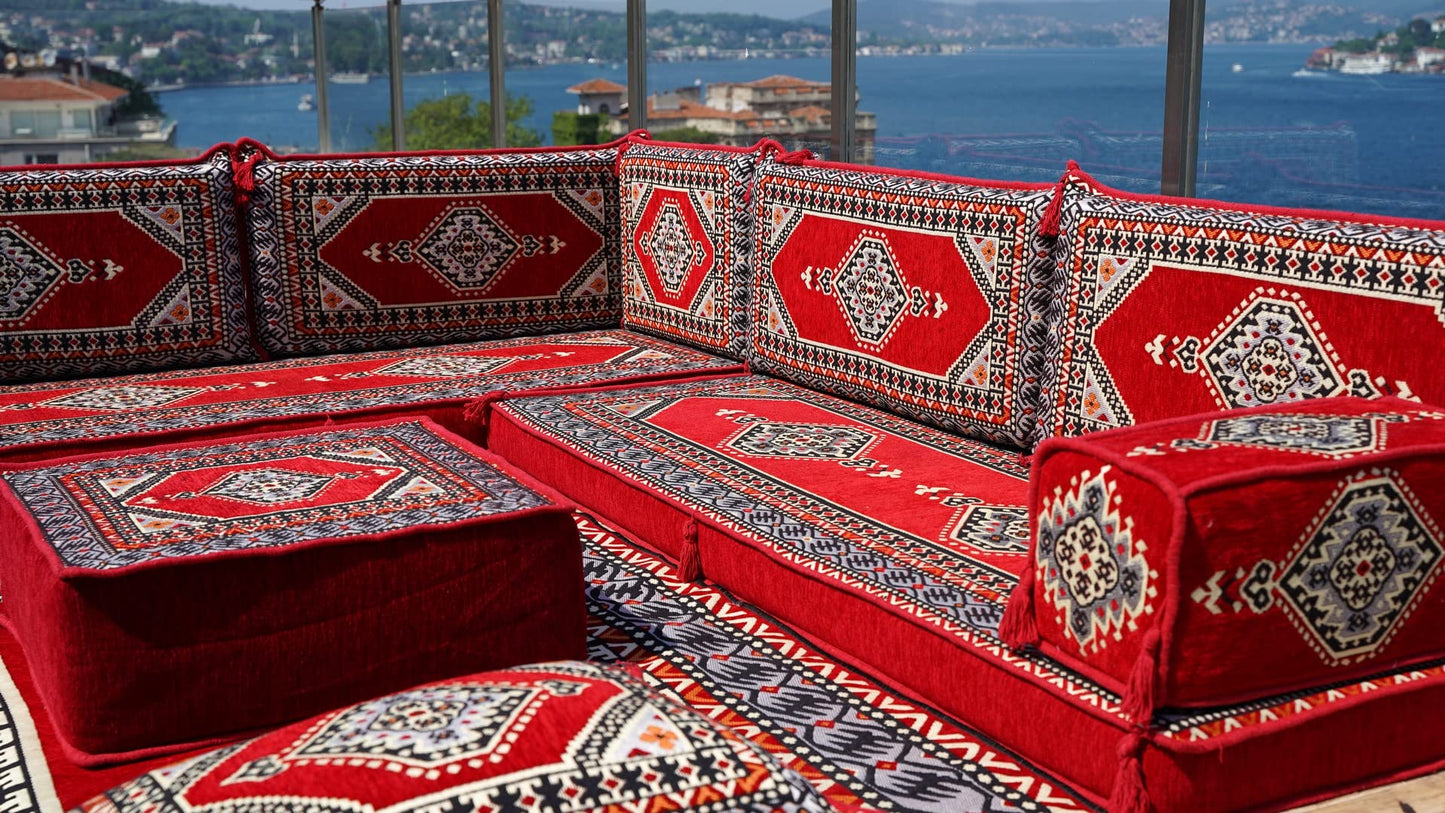 L Shaped Arabic Floor Cushions, Sectional Sofas, Arabic Majlis Set, Custom Made Sofa, Arabic Sofa Set, Seating Cushions (4'' Thickness Sofa, L Sofa Full Set, Red)