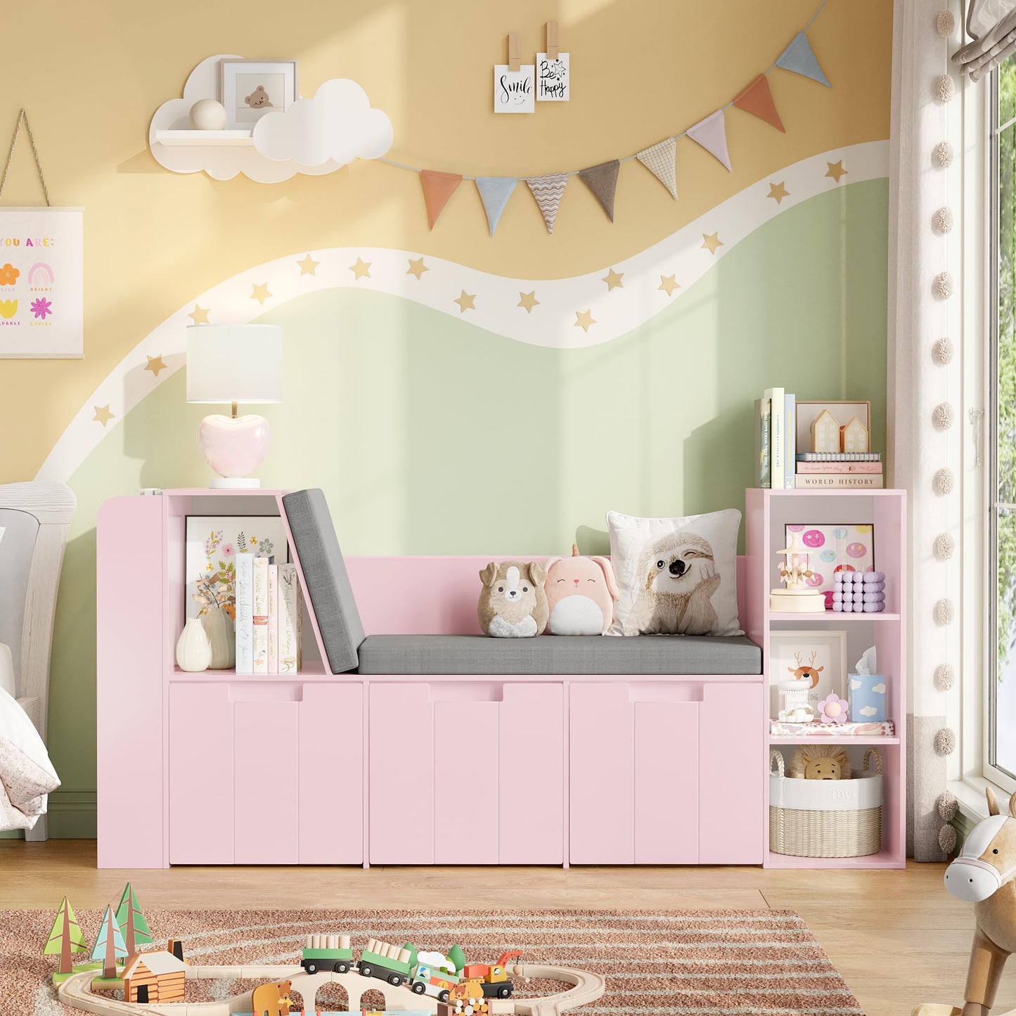 BOTLOG 61.5" Kids Reading Nook with 3-Layer Bookshelf, Reading Nook for Kids with Double Bench and Rolling Drawers, Bookshelf and Toy Storage for Nursery, Playroom, Pink