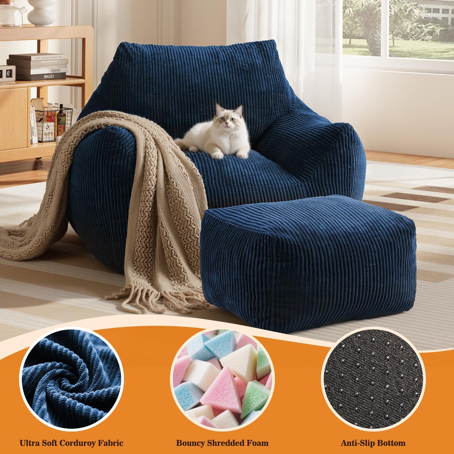 Vellorise Big Bean Bag Chair for Adults, Ultra Soft Living Room Bean Bag with Armrests & Ottoman, Stuffed BeanBag Chair for Napping, Gaming, Vacuum-Compressed for Easy Gifting, 48h to Expand,Navy Blue