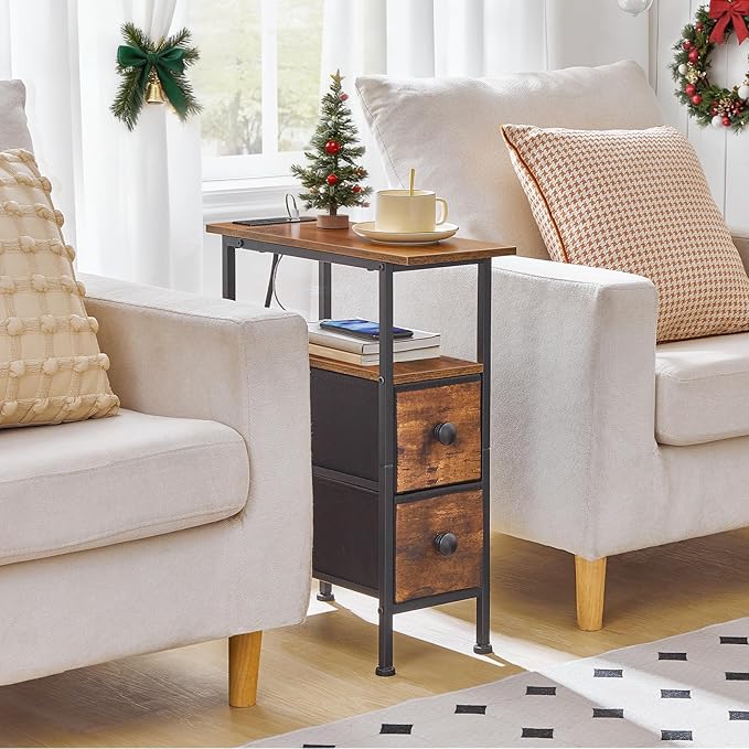 HOOBRO End Table with Charging Station, Narrow Side Table with 2 Fabric Drawers