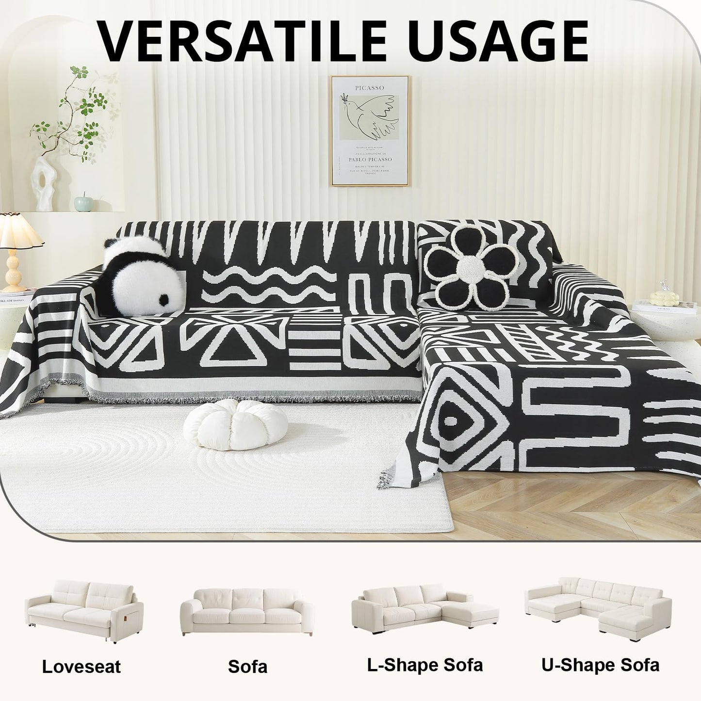 Royhom Sectional Couch Covers 2 Pieces, L Shaped Couch Cover Blanket, Boho Sofa Covers Washable, Sofa Slipcover with Tassel, Suitable for All Seasons (71"x110"+71"x118", Black)