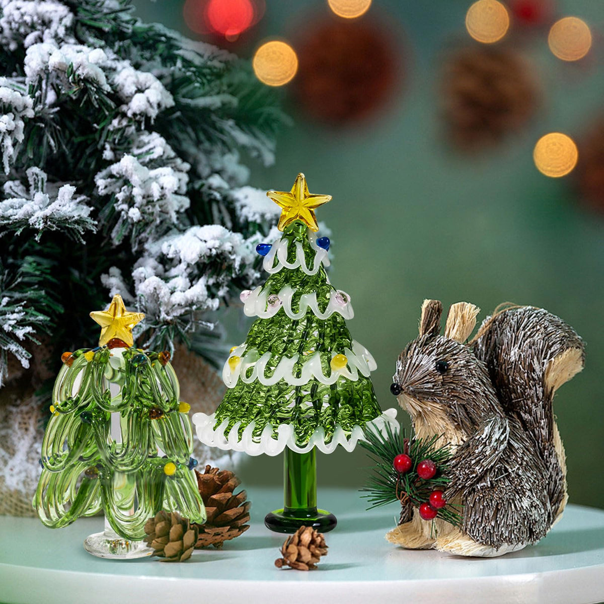 SYWAN Mini Crystal Christmas Tree Figurine Collection, Hand Blown Glass Tree Dollhouse Fairy Garden Miniature Small Winter Figurine for Xmas Party Tabletop Mantel Home Decorative Hanging Ornament