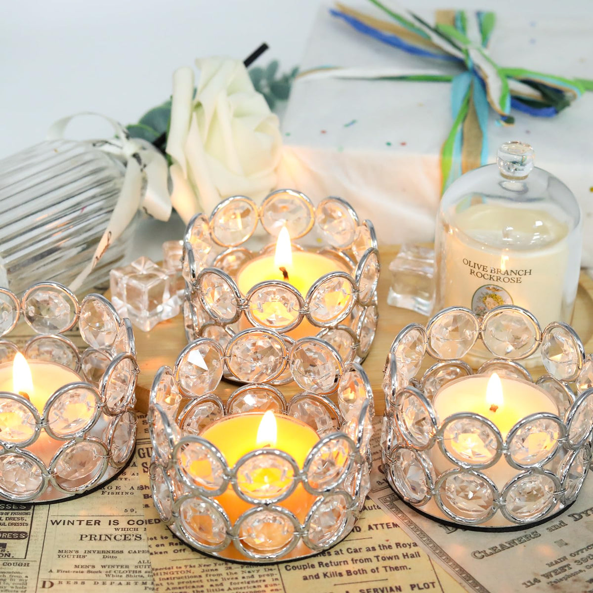 Wuyituart 6 Pcs Silver Crystal Tea Light Candle Holders Decorative Cylinder Crystal Candle Stand for Table Centerpieces