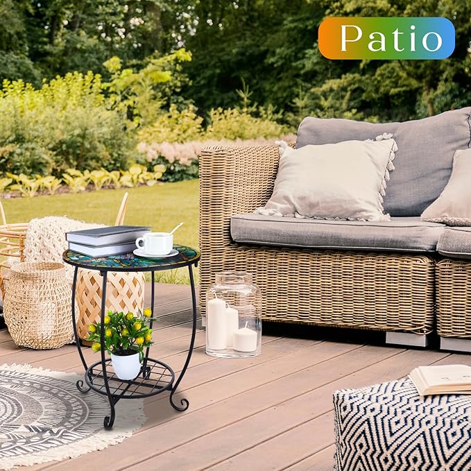 Cinnvoice Outdoor Side Table Round Small Mosaic Patio Accent Indoor End Plant