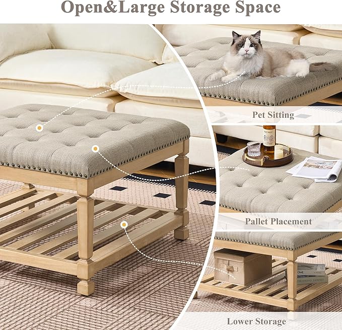Befurtori Large Square Ottoman Coffee Table, Linen Solid Upholstered Footrest