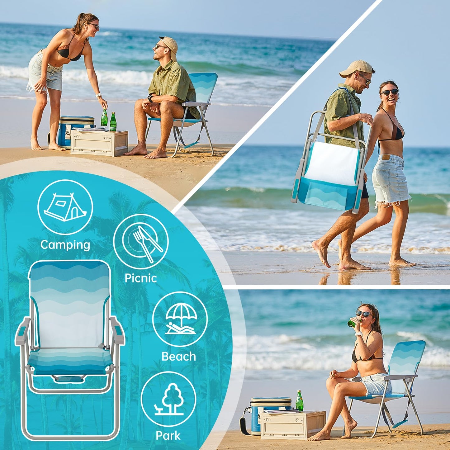 #WEJOY Folding Beach Chair for Adults, Lightweight Beach Chair with Shoulder Straps, High Back Camping Chairs with Hard Armrest, Supports 300lbs for Outdoor Lawn Concert (Cyan White)