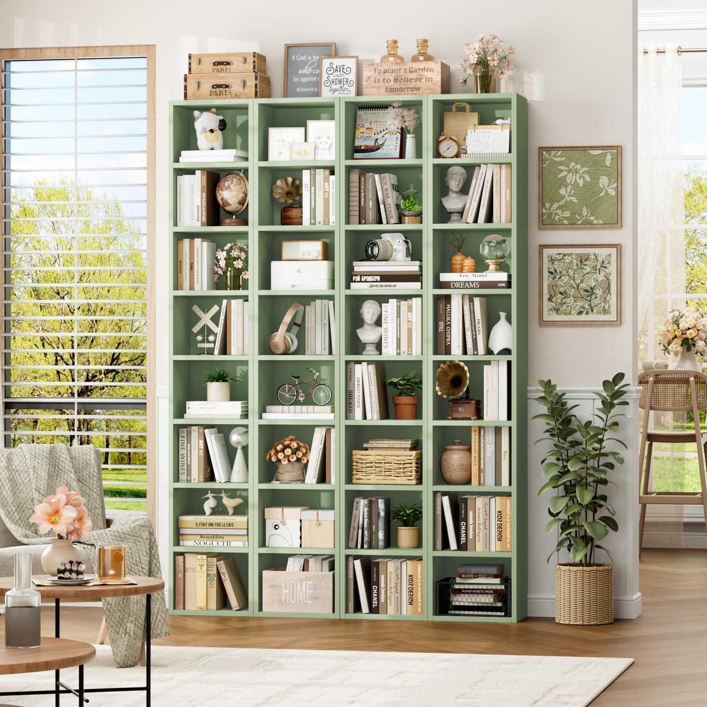 FOTOSOK 8-Tier Media Tower Rack, 11.6 X 9.3 X 70.9 Inches CD DVD Slim Storage Cabinet with Adjustable Shelves, Tall Narrow Bookcase Display Bookshelf for Home Office, Green