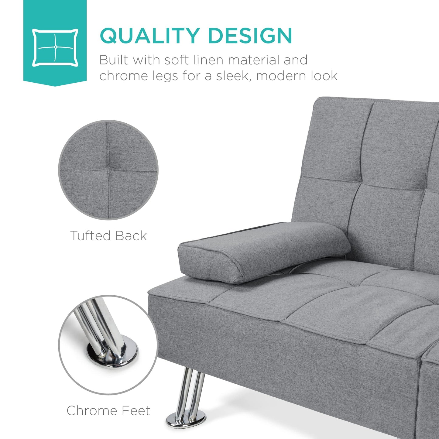 Best Choice Products Linen Modern Folding Futon, Reclining Sofa Bed for Apartment, Dorm w/Removable Armrests, 2 Cupholders - Gray