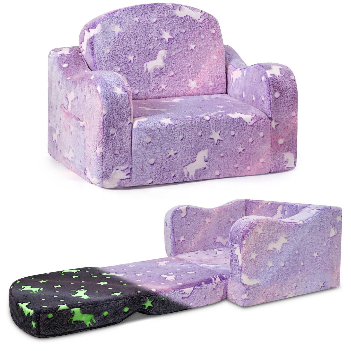 aodisman Thick Comfy Kids Chair and Couch, 2-in-1 Soft Foldable Plush Kids Sofa, Foam Seating for Reading and Play, Removable Washable Cover,Purple Pony