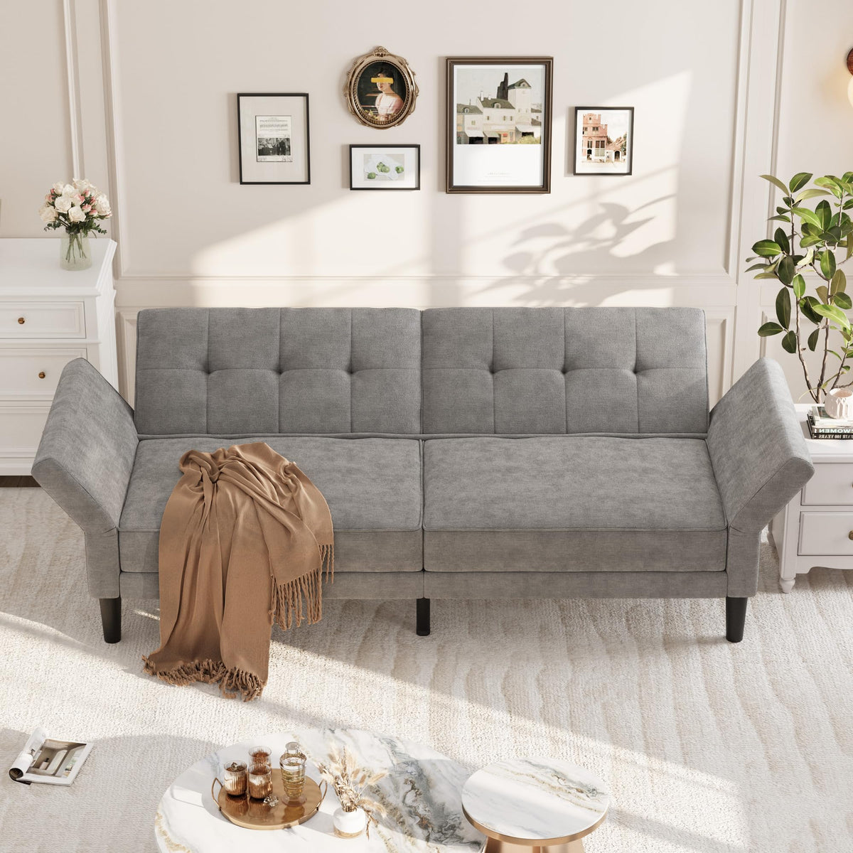89" Futon Sofa Bed, Modern Sleeper Couch with Adjustable Backrest & Armrest, Convertible Couch Bed with Deep Seat for Living Room Bedroom, Apartments