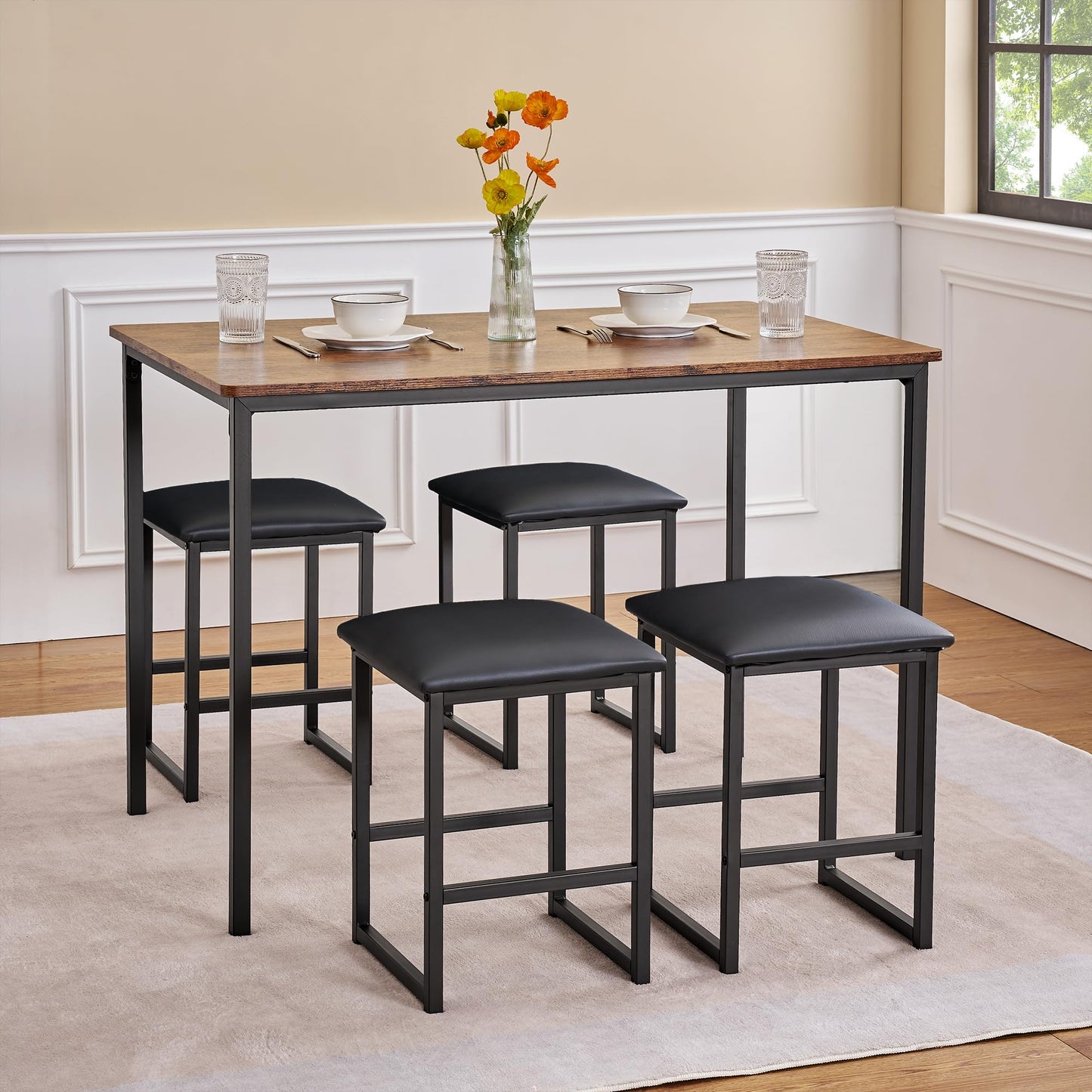 VECELO Kitchen Table and Chairs for 4, Dining Room Set with PU Chairs/Stools, Heavy-Duty Metal Frame, Wooden Tabletop, Space-Saving Design for Small Spaces, Easy Assembly, Walnut Brown