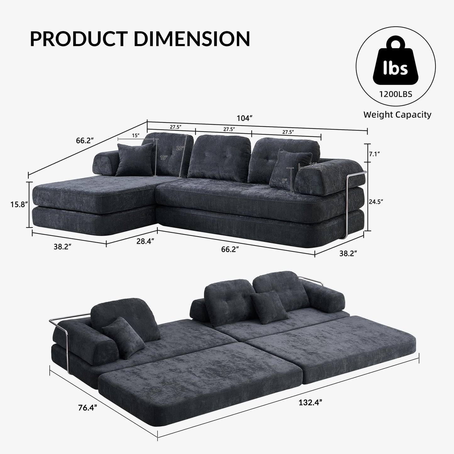 YasuSoofa Boneless Sectional Couch with Chaise, Convertible L-Shape Floor Sleeper with High Headrest, Modular Sofa Bed for Living Room Apartment, No Assembly, Gray