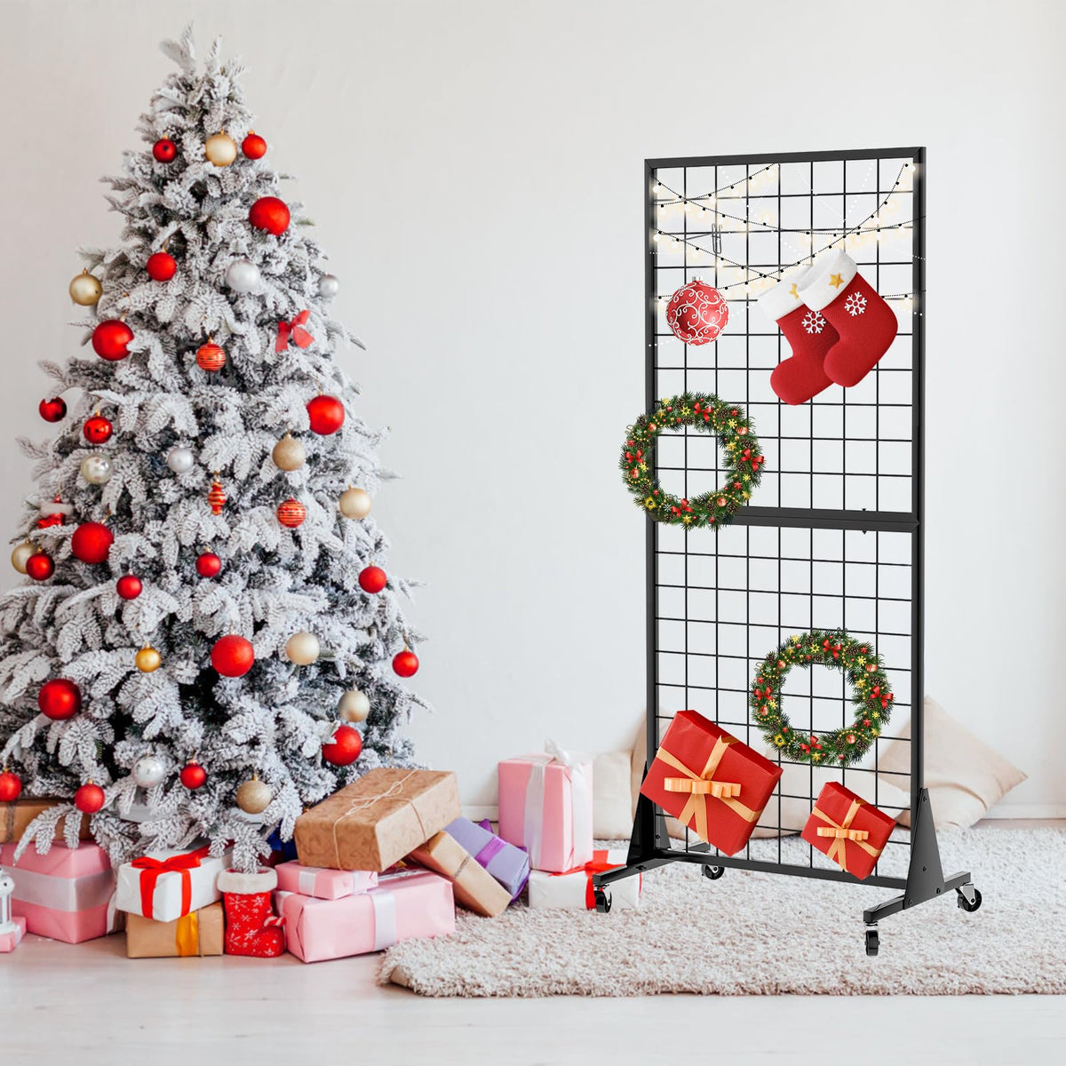 QKOSMTL 2-Pack Gridwall Panel Display Stand, 2'x5.5' Heavy Duty Floor Standing Rack with Detachable Girdwall, Movable Silent Wheel, Easy to Transport, Ideal for Retail & Craft Fairs