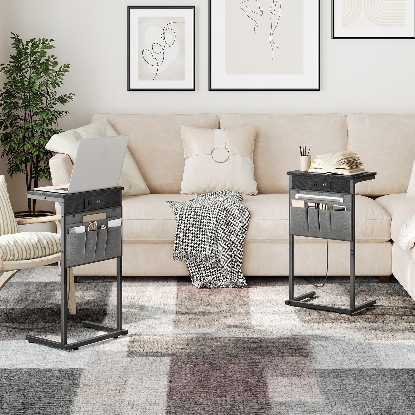 HOOBRO C Shaped End Table with Charging Station, 28" H Couch Side Table Slide Under, Sofa Arm Tray Table with Storage Bag for Living Room, Recliner, Black BB70USF01