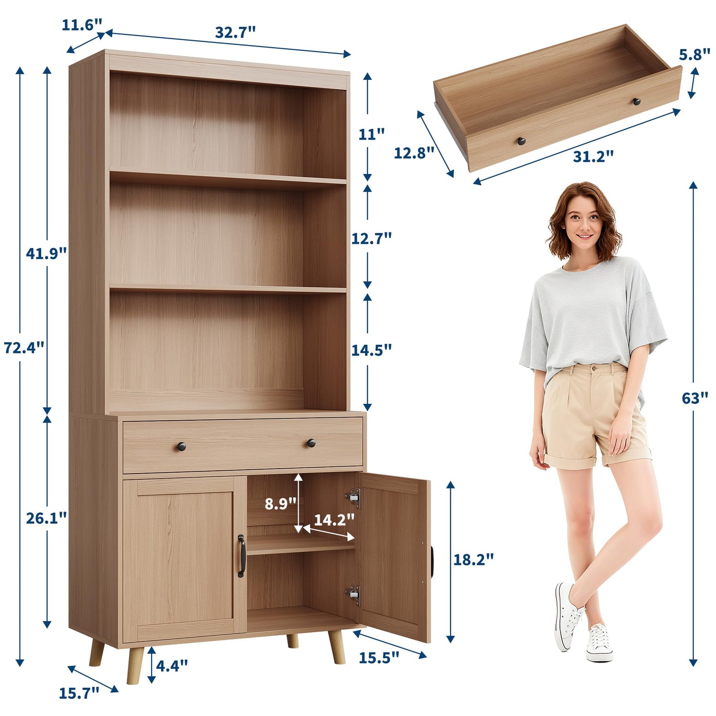 IDEALHOUSE 72.4" Tall Bookcase with Doors, 6-Tier Bookshelf with Door, Freestanding Display Cabinet with Drawer, for Home Office Kitchen Living Room