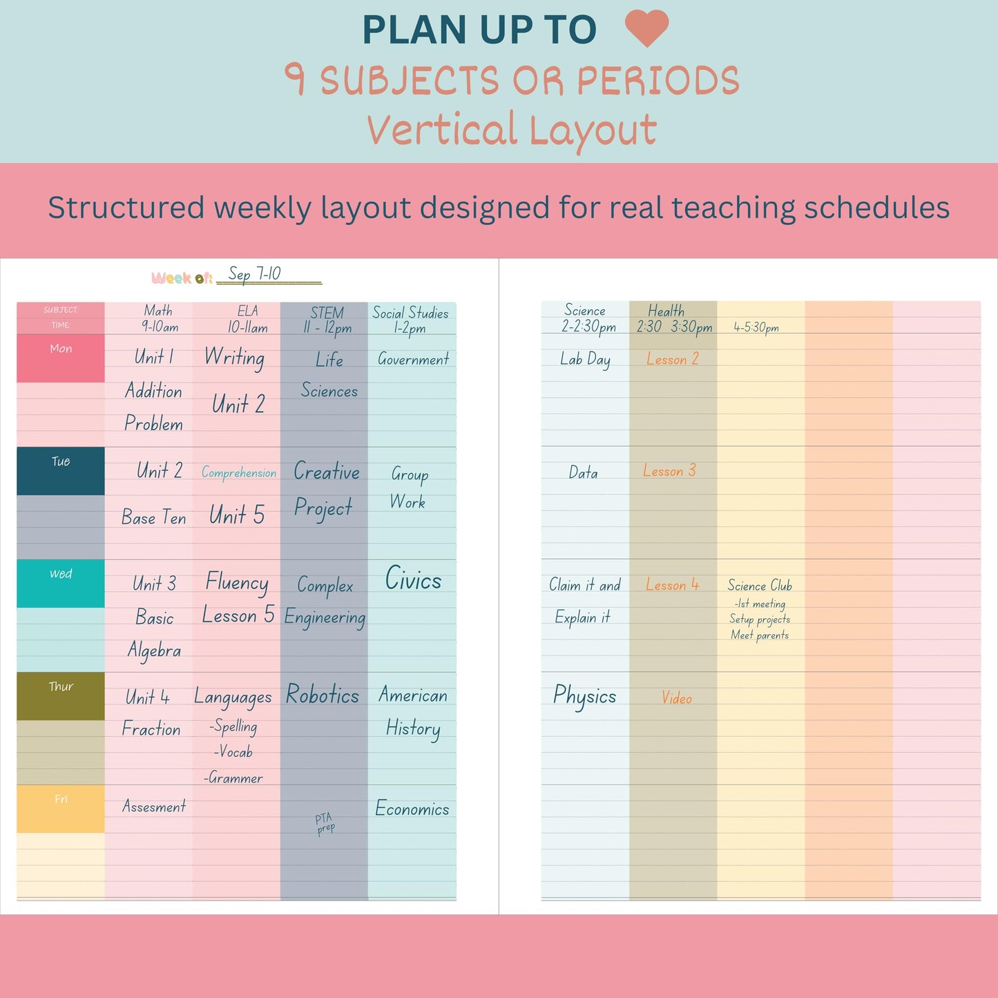 Undated Teacher Planner 8.5 x 11-12 Months & 52 Weeks | Colorful School Supplies Cover | Monthly & Weekly Lesson Plan Book with Stickers, Storage Pocket & Snap-In Bookmark | Classroom Organizer