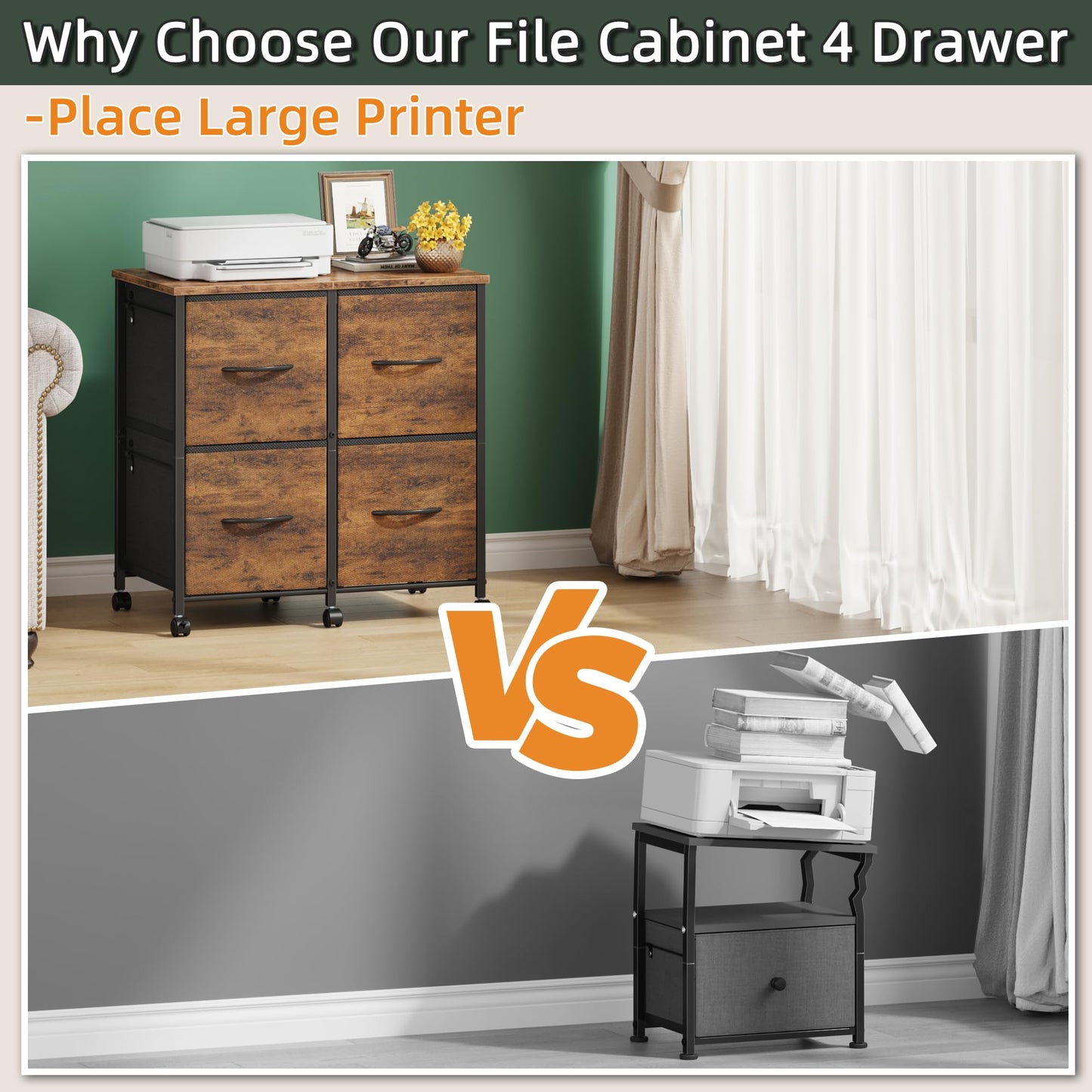 HIGDBFE 4 Drawer Lateral File Cabinet, Mobile Filing Cabinet for Large Printer, Home Office Functional Office Storage Cabinet & Printer Stand, Fits Letter/A4, No Legal, Fabric Drawer, Rustic Brown