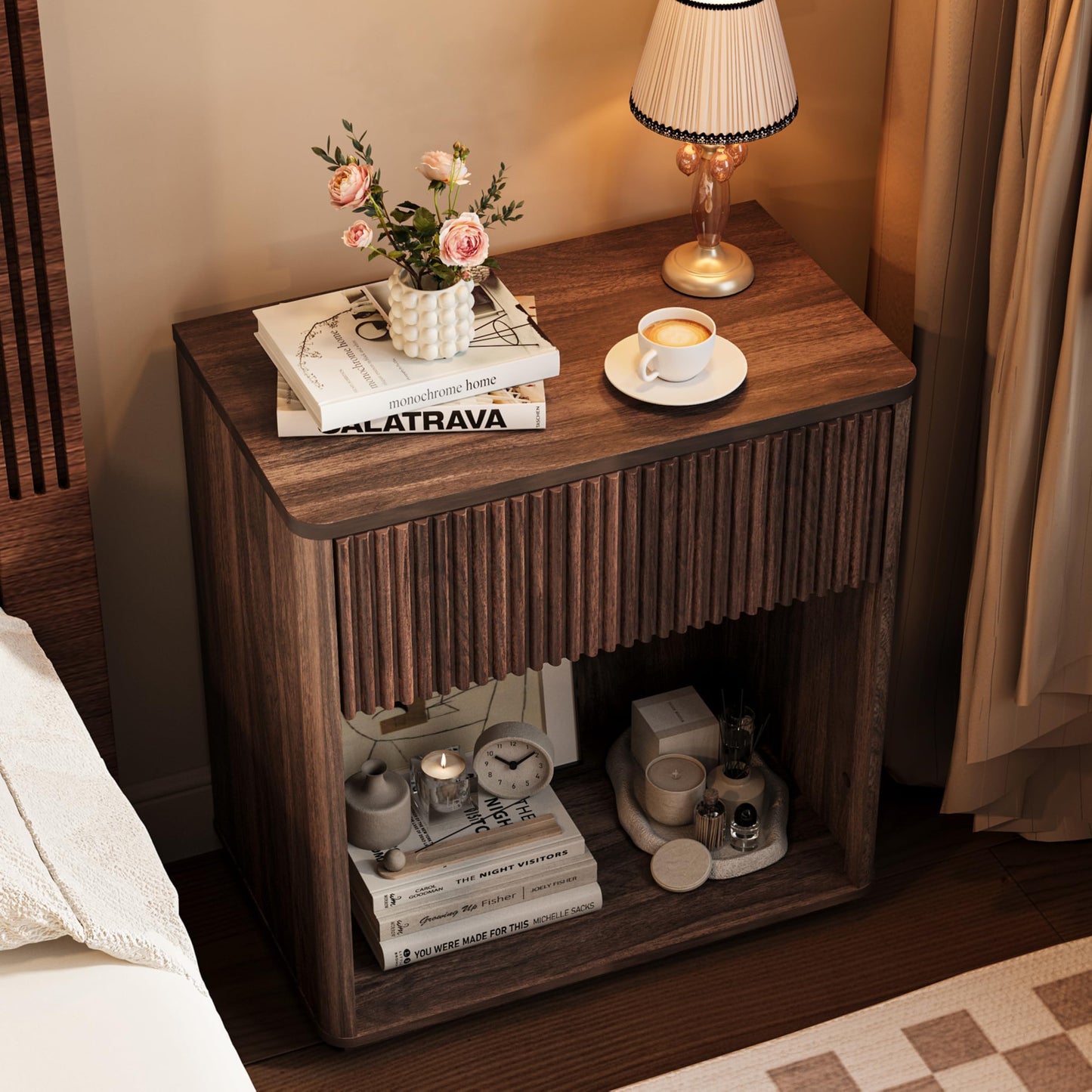 Cychuily Modern Fluted Nightstand Set of 2 for Bedroom, Mid Century Bedside Table with Drawer & Open Shelf, Wood End Table, Farmhouse Night Stand for Home, Hallway, Office, Walnut