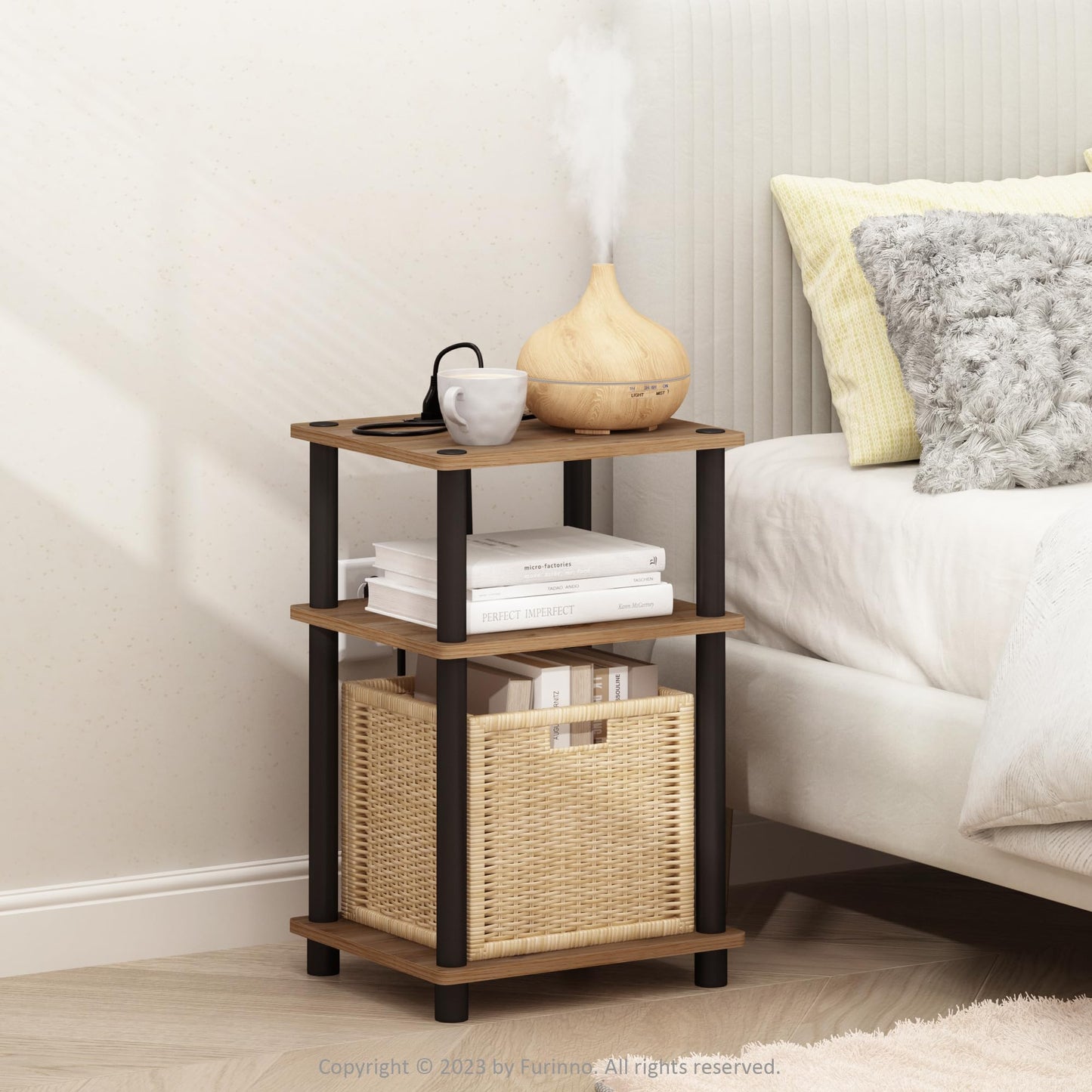 Furinno Just 3-Tier Turn-N-Tube USB and Type-C Charging Port End Table with Open Storage, 11.42 (W) x 8.82 (H) x 6.77 (D) inches, Flagstaff Oak/Black