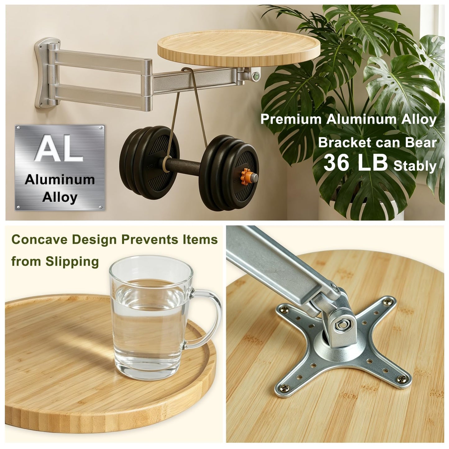 Semjar Wall Mounted Folding Table,Retractable Small Bamboo Drop Down Floating Wall Desk,11.8" Round Wood Tabletop with Aluminum Alloy Brackets,Bedside Wall Shelf Drop Top Desk,Fold Down Nightstand