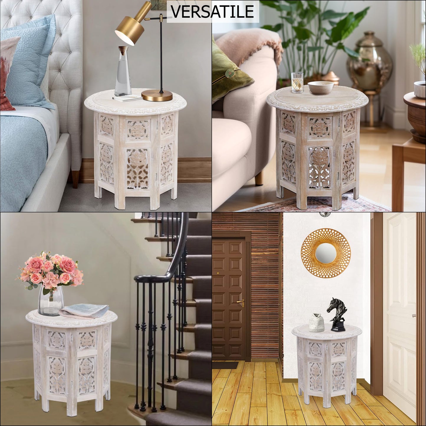COTTON CRAFT Solid Wood End Table - Hand Carved Vintage Boho Folding Accent Side Table - Small Spaces - Entryway Farmhouse Living Room Bedside - No Tools Assembly - 18x18 Round - White Wash