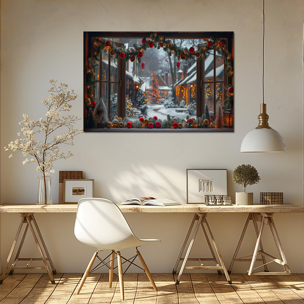WOOHOOROO Fake Window Wall Sticker Festive Street Garland Christmas Peel and Stick Removable Holiday Scene,32" x 48"