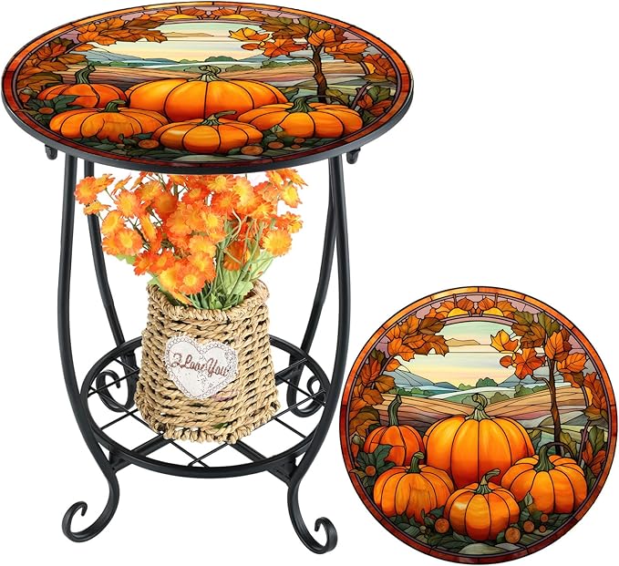 Cinnvoice Outdoor Side Table Round Small Mosaic Patio Accent Indoor End Plant