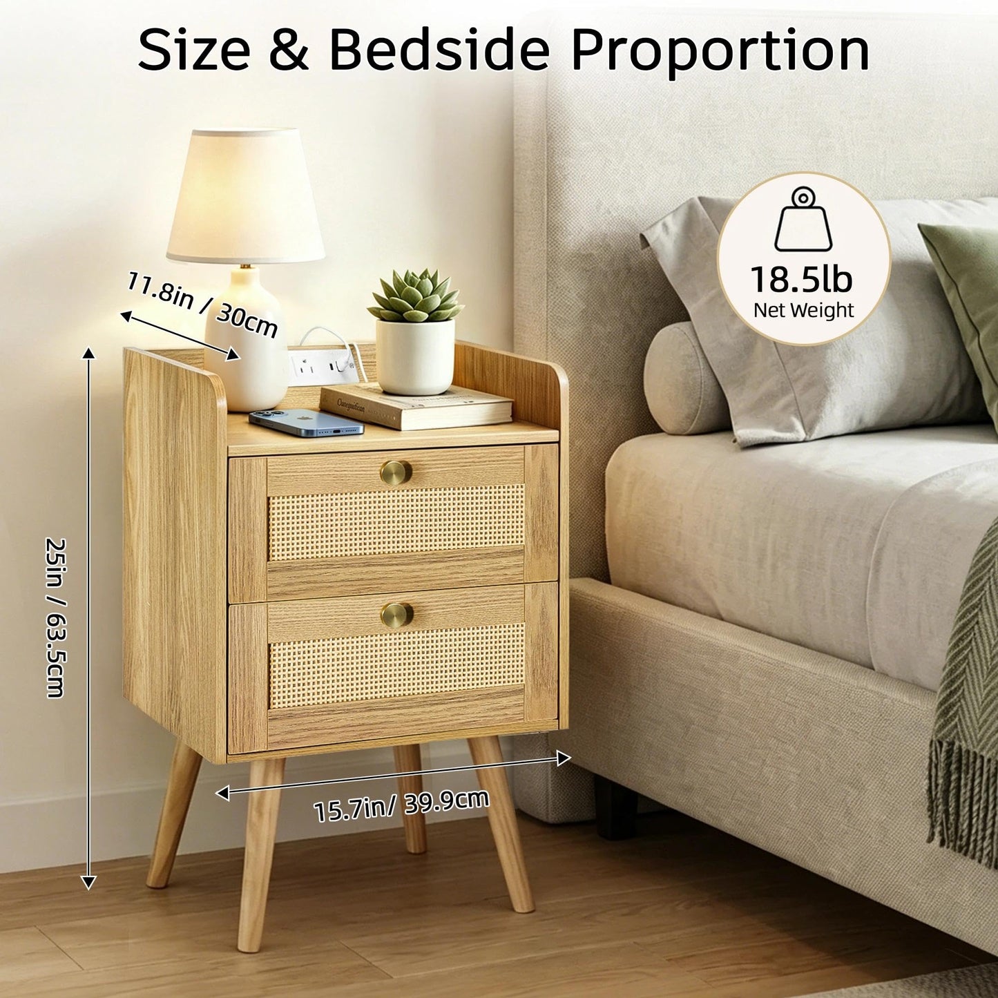 Nightstands Set of 2 with Charging Station, Modern Boho Rattan Bedside Tables with 2 Drawers,Open Storage End Tables for Bedroom, Small Spaces and Dorm, Solid Wood Legs,Natural