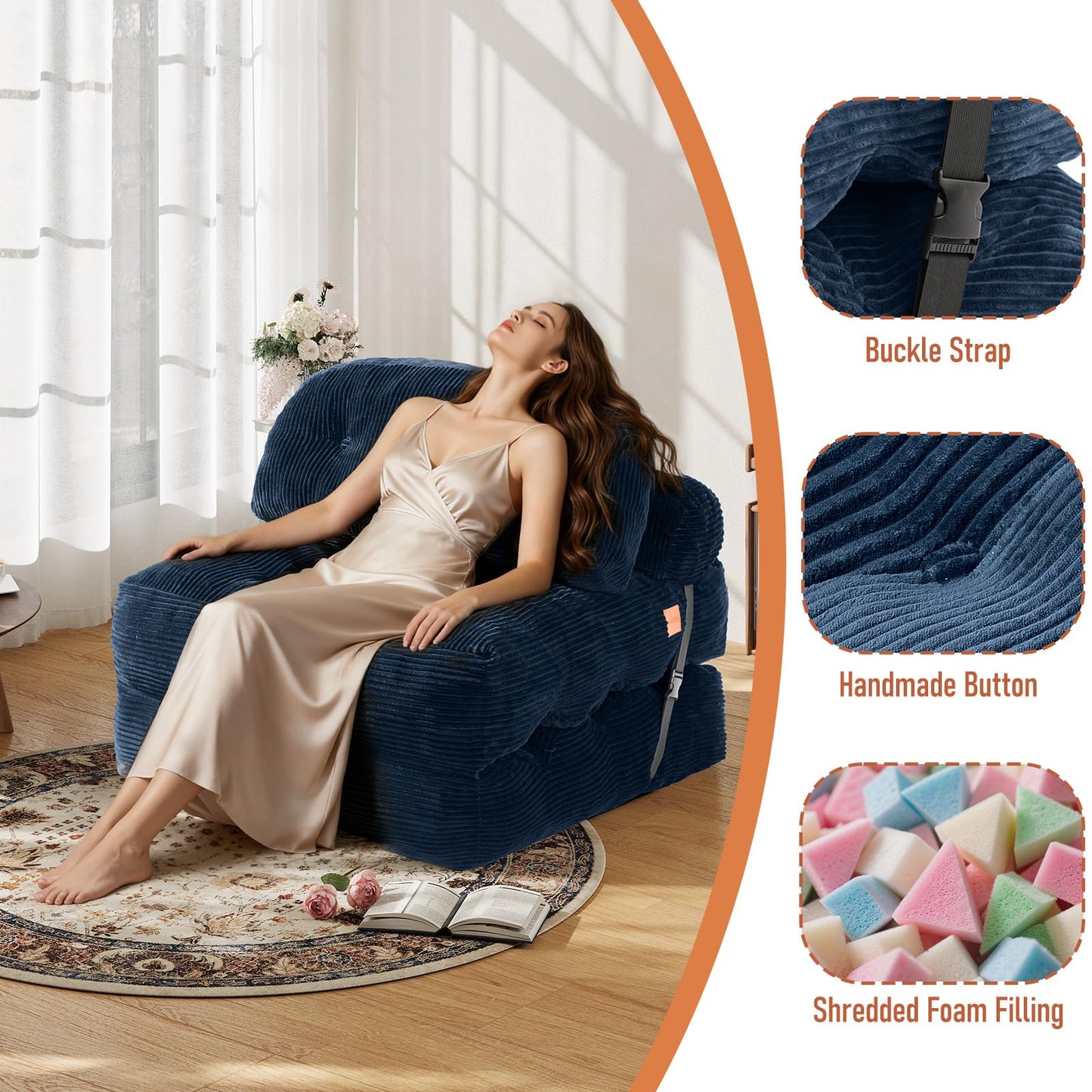 Vellorise Folding Sofa Bed, Convertible Sleeper Chair with Back Support and Pillow Futon,Boneless Foldable Couch for Living Room/Guest Use/Home Office, Foldable Chair Bed for Adults, Navy Blue