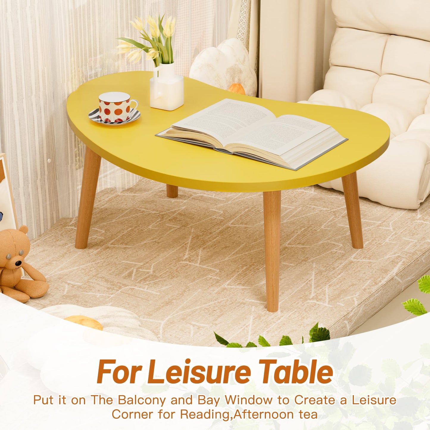 Small Coffee Table, Low Table with Solid Wood Legs, 23.6" Mini Mango Accent Table Side End Table, Floor Table Desk for Sitting on The Floor, Coffee Tea Table for Living Room, Dorm, Apartment, Yellow