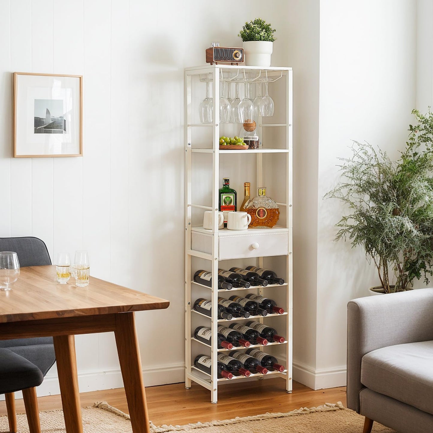 IBUYKE Wine Rack Freestanding Floor, Bar Cabinet for Liquor and Glasses,Coffee Bar Cabinet 4-Tier Wood bar Cabinet,Glass Holder and Storage Drawer for Home Bar Kitchen Living Room,White UTMJ905W