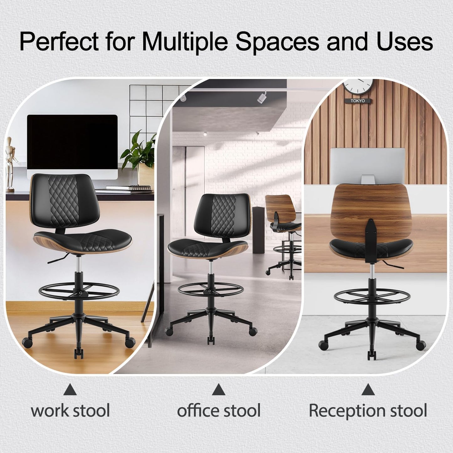 BERYTH Drafting Chair with Adjustable Footrest, Armless Modern Tall Office Chair for Standing Desk, PU Leather Swivel Stool in Curved Bentwood Style, Ergonomic Rolling Walnut Chair for Office(Black)