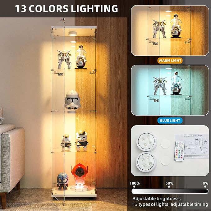 FANYUSHOW Display Cabinet with Glass Door and LED Light, 4-Tier Tempered Glass