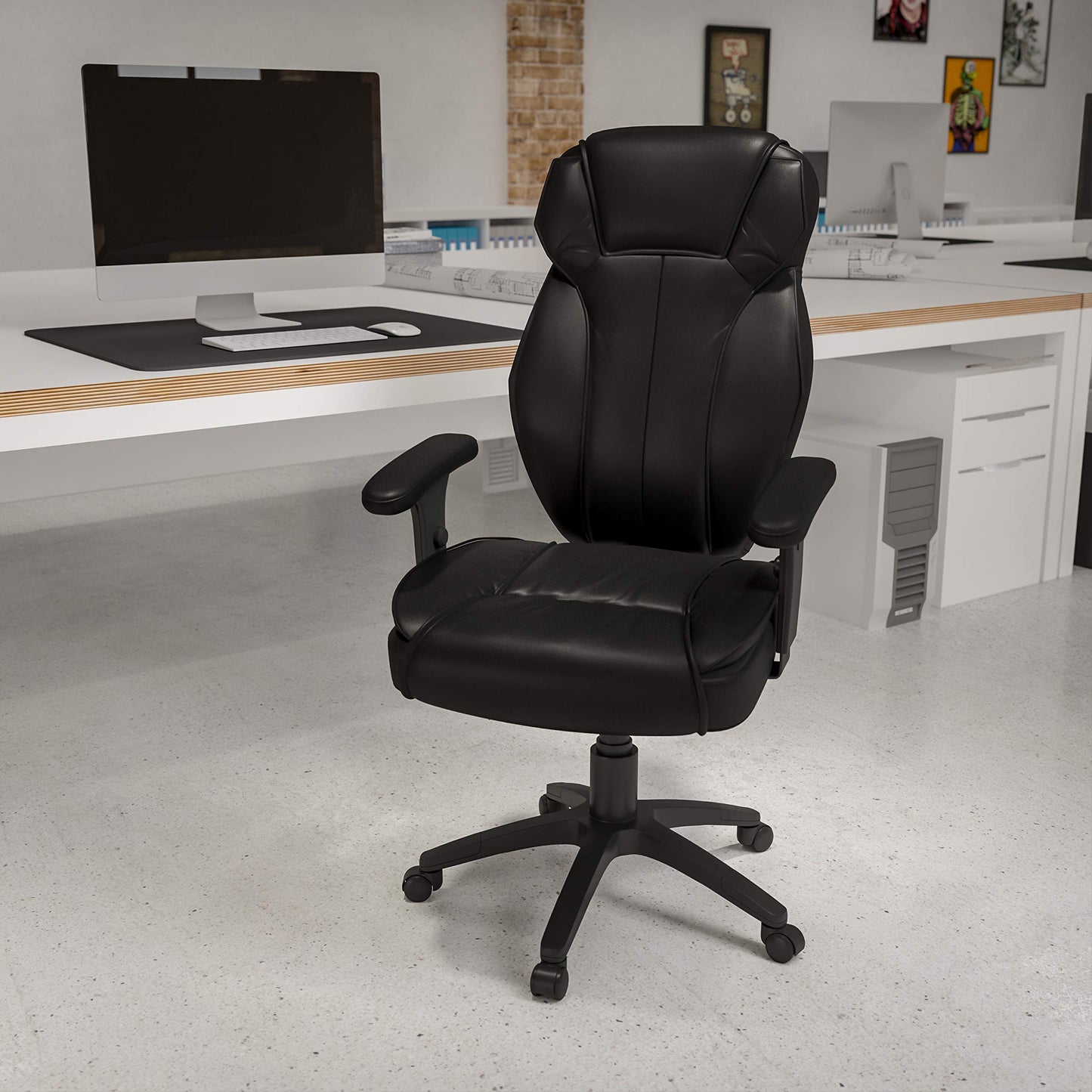 Flash Furniture Hansel High Back Black LeatherSoft Multifunction Executive Swivel Ergonomic Office Chair with Lumbar Support Knob with Arms