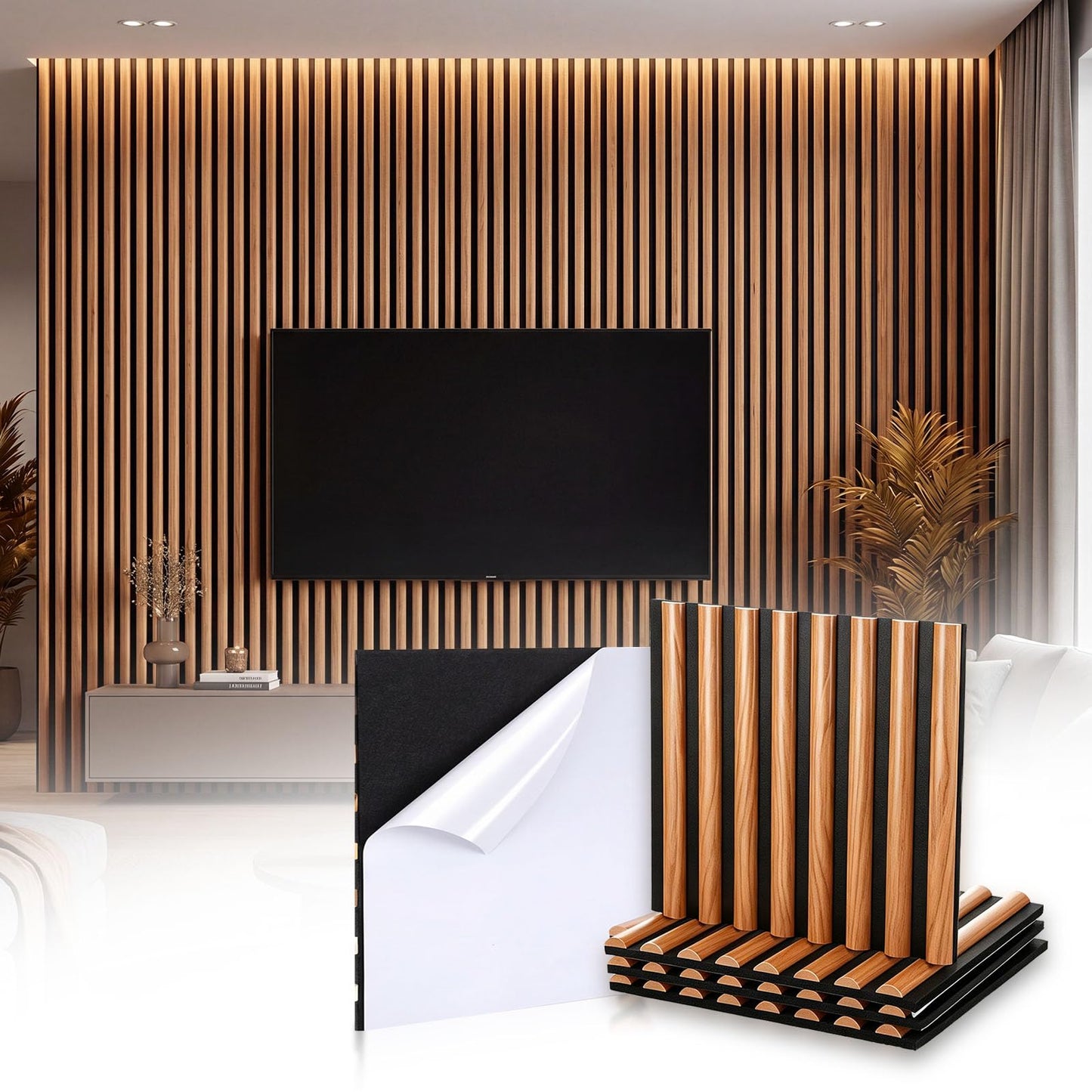 Nuanchu 4 Piece 12.6x11.81“ Wood Slat Acoustic Panels Walnut Semicircle Soundproofing Fluted Wall Panels 3D Decorative Acoustic Wallpaper for Ceiling School Classroom Home Living Room Bedroom