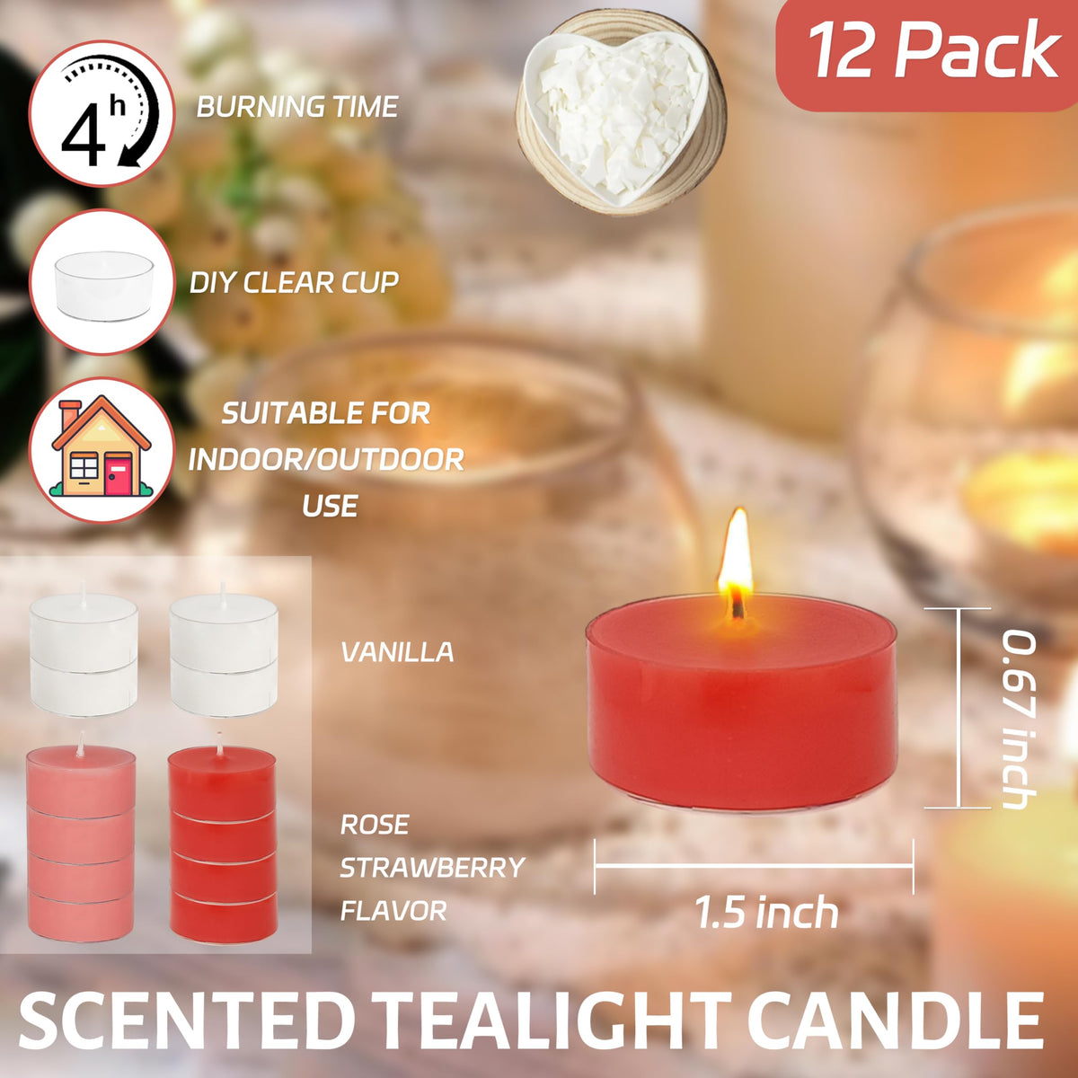 Scented Tea Light Candles 12 Pack Pastel Color Hand Poured Smokeless 4 Hours Clean Burning Small Round Clear Cups Tealight Candles for Romantic Dinners Wedding Centerpieces Cozy Evenings