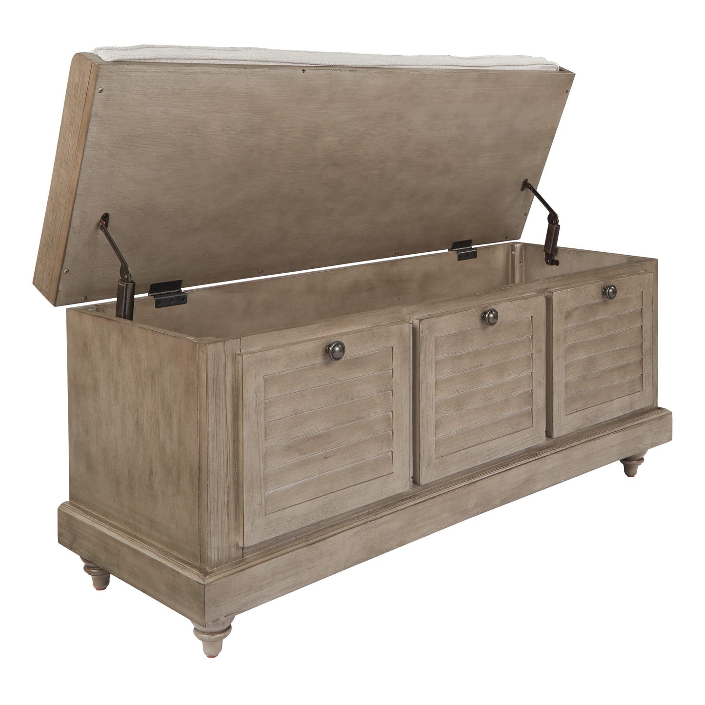 OSP Home Furnishings Dover Coastal Lift-Top Storage Bench with Shutter Face Styling, Antique Grey Finish with Off-White Linen Fabric Cushion
