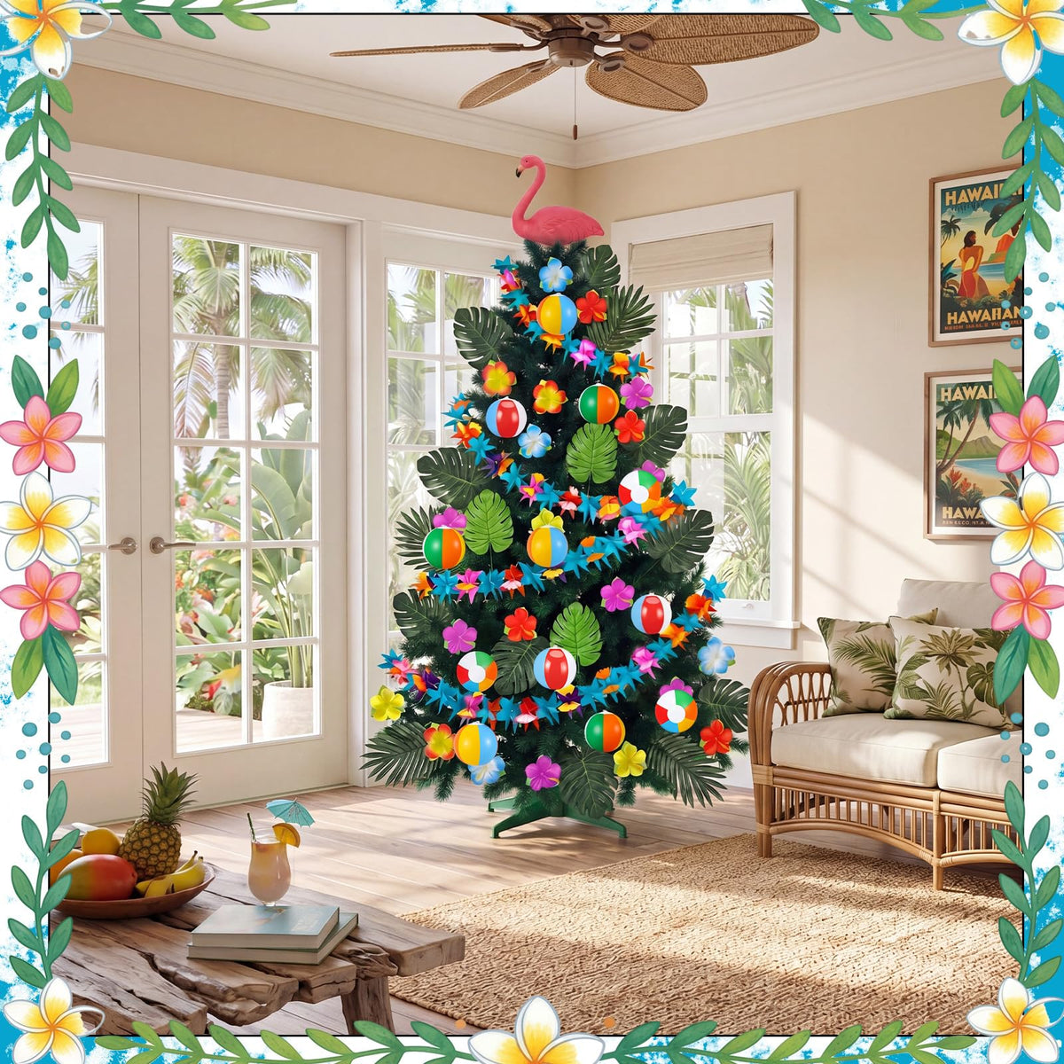 Glimin 54 Pcs Hawaiian Christmas Tree Decoration Set Tropical Flower Paper Garlands with Flamingo Tree Topper Hibiscus Flowers Palm Leaves Picks Beach Ball Ornament for Summer Hawaiian Luau Xmas Decor