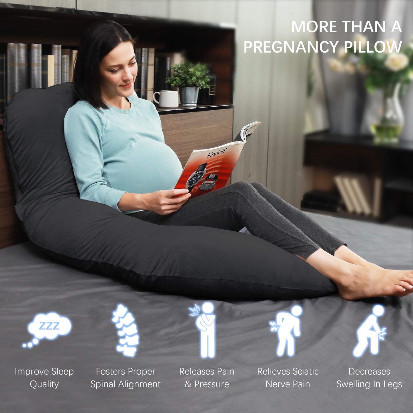 MOON PARK Pregnancy Pillows for Sleeping - U Shaped Full Body Maternity Pillow with Removable Cover - Support for Back, Legs, Belly, Hips - 57 Inch Pregnancy Pillow for Women - Black