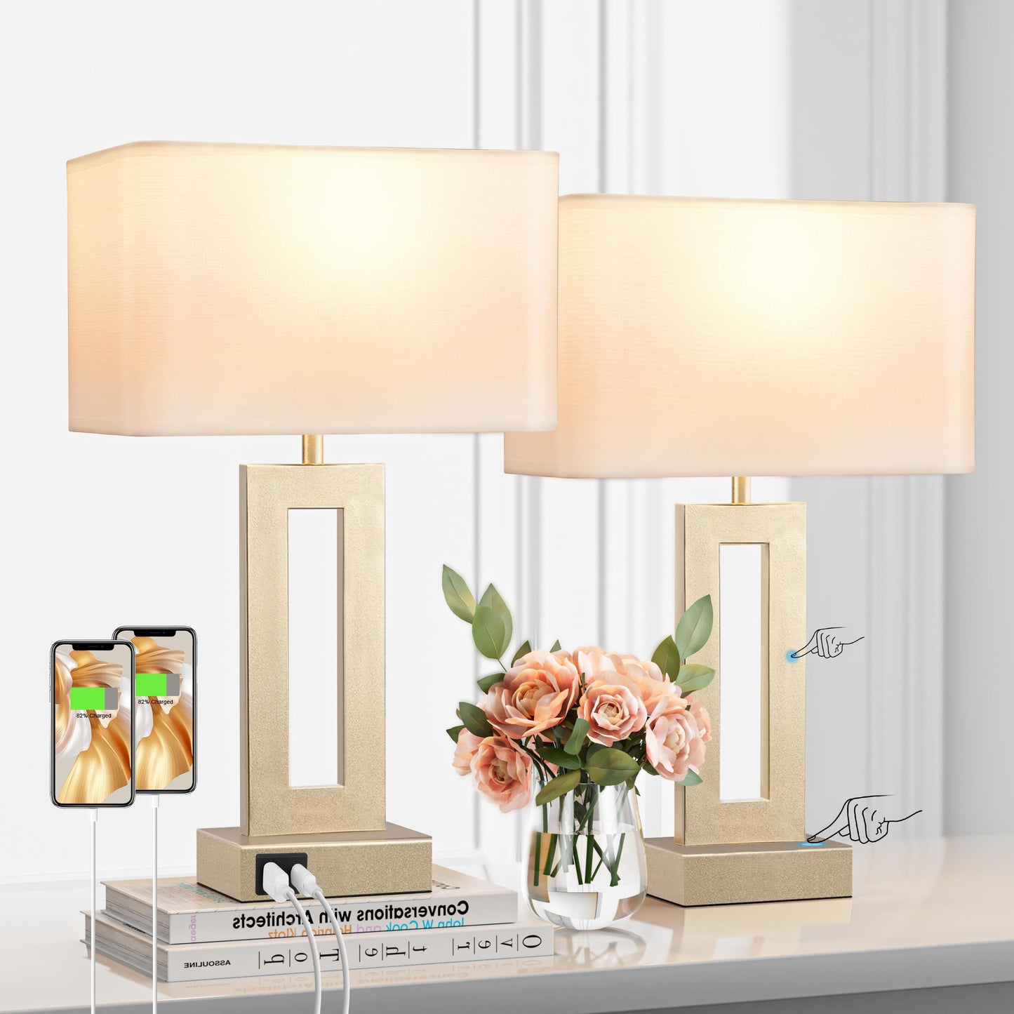 Seealle Bedroom Table Lamps Set of 2 - Touch Bedside Lamps with USB C+A, 3 Way Dimmable Gold Lamp for Nightstand, Modern Night Stands Lamps for Living Room End Tables Desk Bed Side Study Room(16.4n)