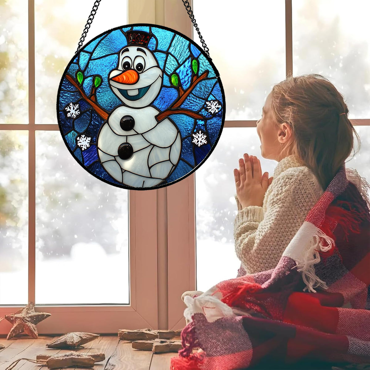 JOSUMALY Stained Glass Window Hanging Christmas Funny Snowman 11.8" - Suncatcher Door Garden Blue White Snowflakes Sun Catcher New Year Birthday for Friend Mom Men Woman Nana