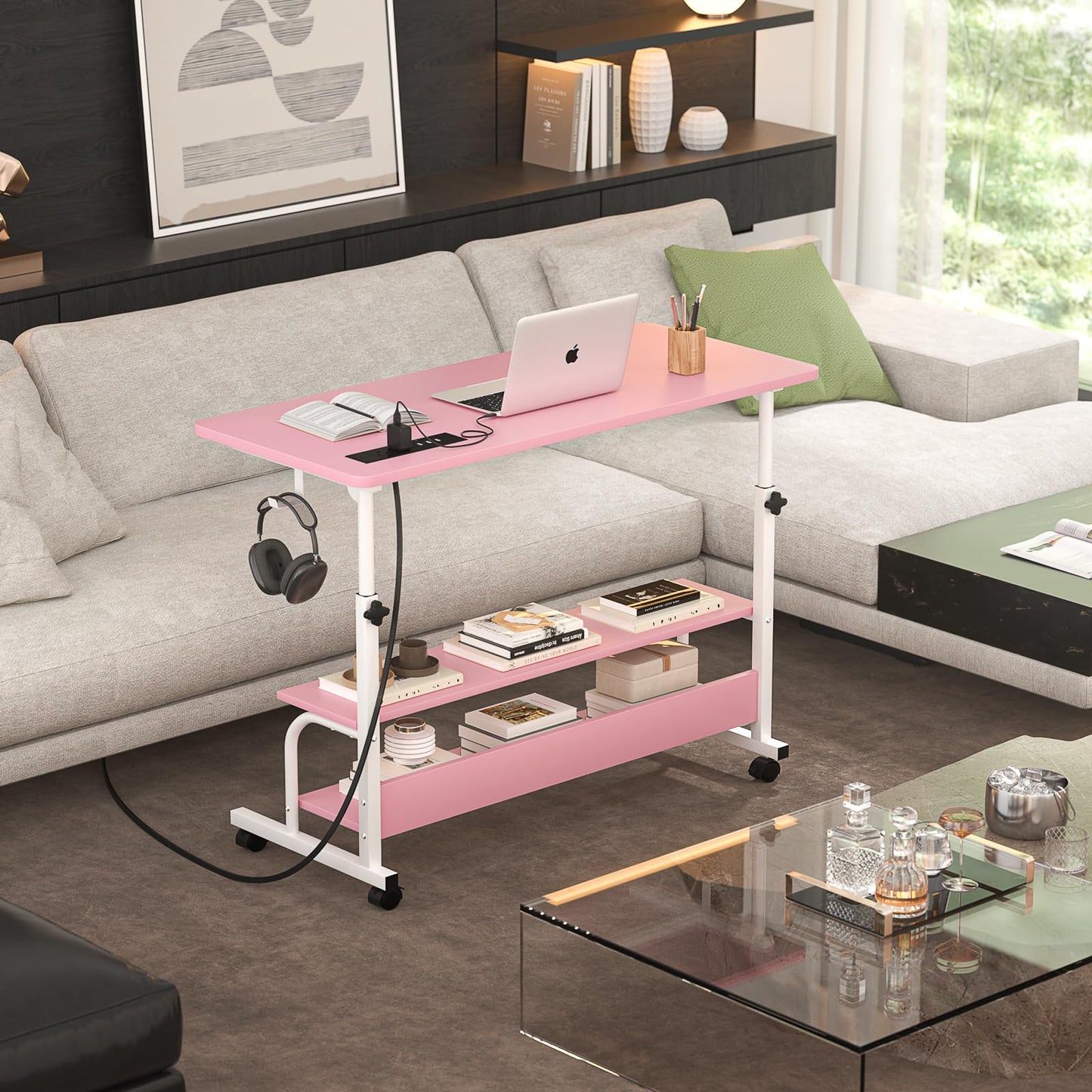 Armocity Rolling Standing Desk with Charging Station, Portable Height Adjustable Mobile Computer Desk with Wheels & 2-Tier Shelves & Hooks, Easy Assembly Laptop Table for Couch Bed, 32" Pink