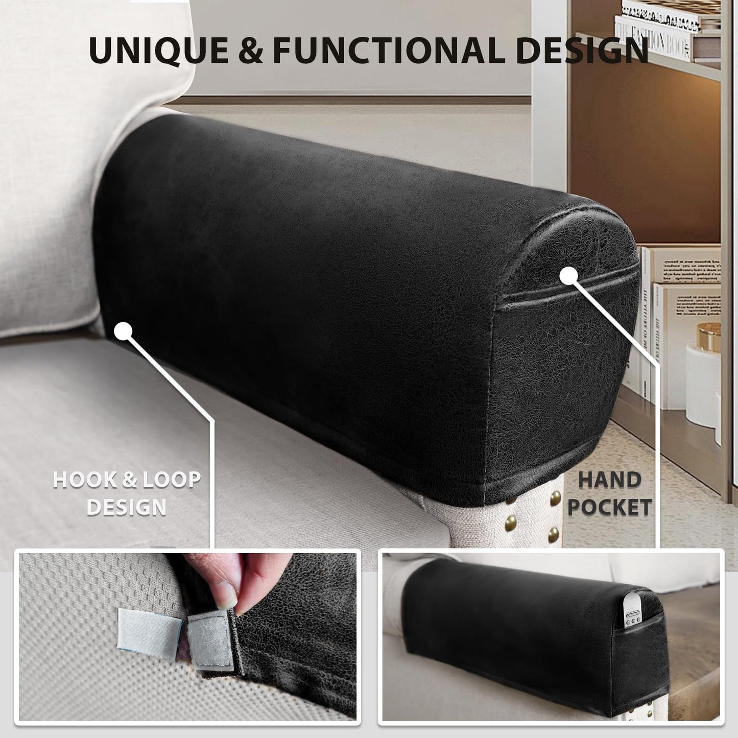 ANARACHON Leather Look Couch Arm Covers Set of 2 Armrest Covers for Sofa Chair Arm Protectors Stretch Armchair Slipcovers with Pockets Washable Spandex Fabric (Medium, Black)