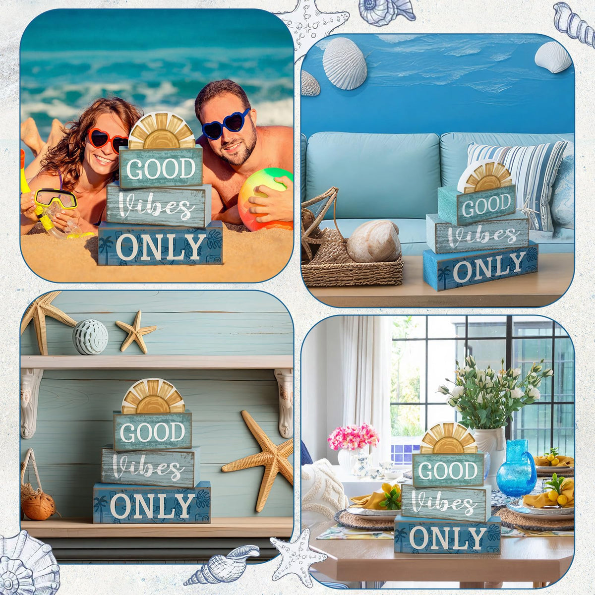 Lineshading 4 Pcs Beach Themed Table Decor Good Vibes Only Wood Block Sign Wooden Sunshine Beach Tiered Tray Decorations Summer Centerpiece Decor Funny Farmhouse Summer Decorations for Home Shelf