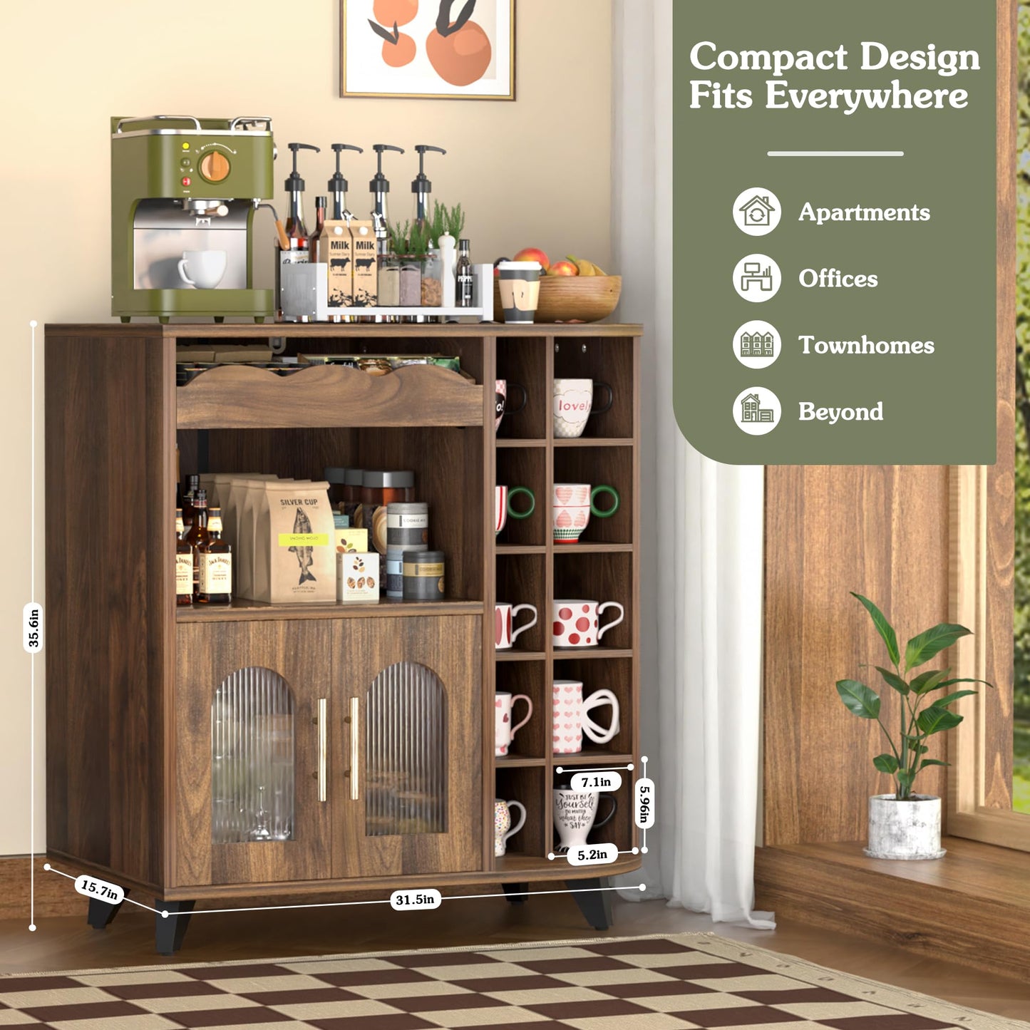 VINAEMO Coffee Bar Cabinet with 24-Cup Display, Large Drawer & Storage,Modern Buffet Sideboard for Kitchen, Medium Wooden Bar Station for Apartment，Walnut