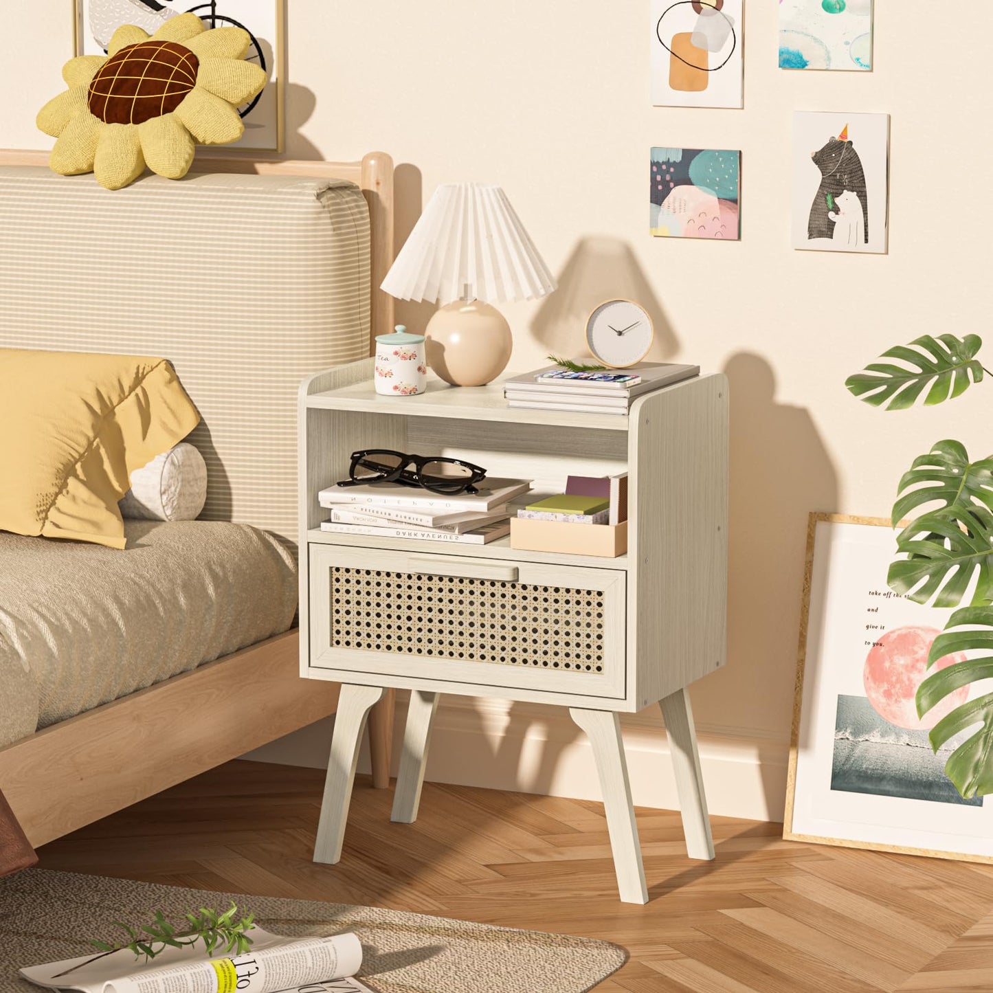 Lerliuo Rattan Nightstand, Side Table with Drawer Open Shelf, Cane Accent Bedside End Table with Solid Wood Legs, Mid Century Modern Night Stand for Bedroom, Dorm and Small Spaces (Grey White)