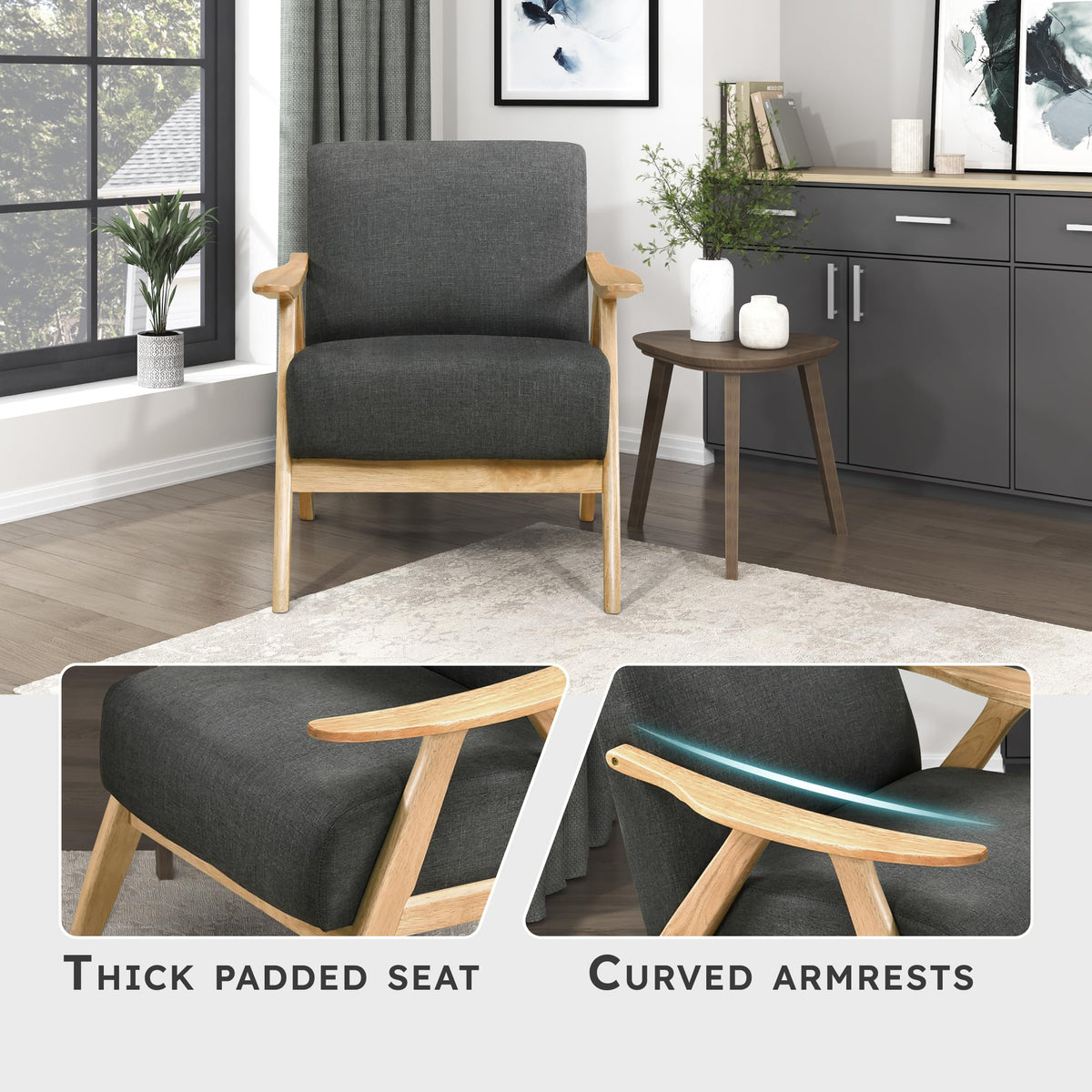 Lexicon Mid Century Modern Accent Chair with Solid Wood Frame in Natural Finish, Textured Fabric Living Room Lounge Arm Chair, Thick and Comfy Innerspring Seat Cushion, Linen-Look Fabric, Dark Gray